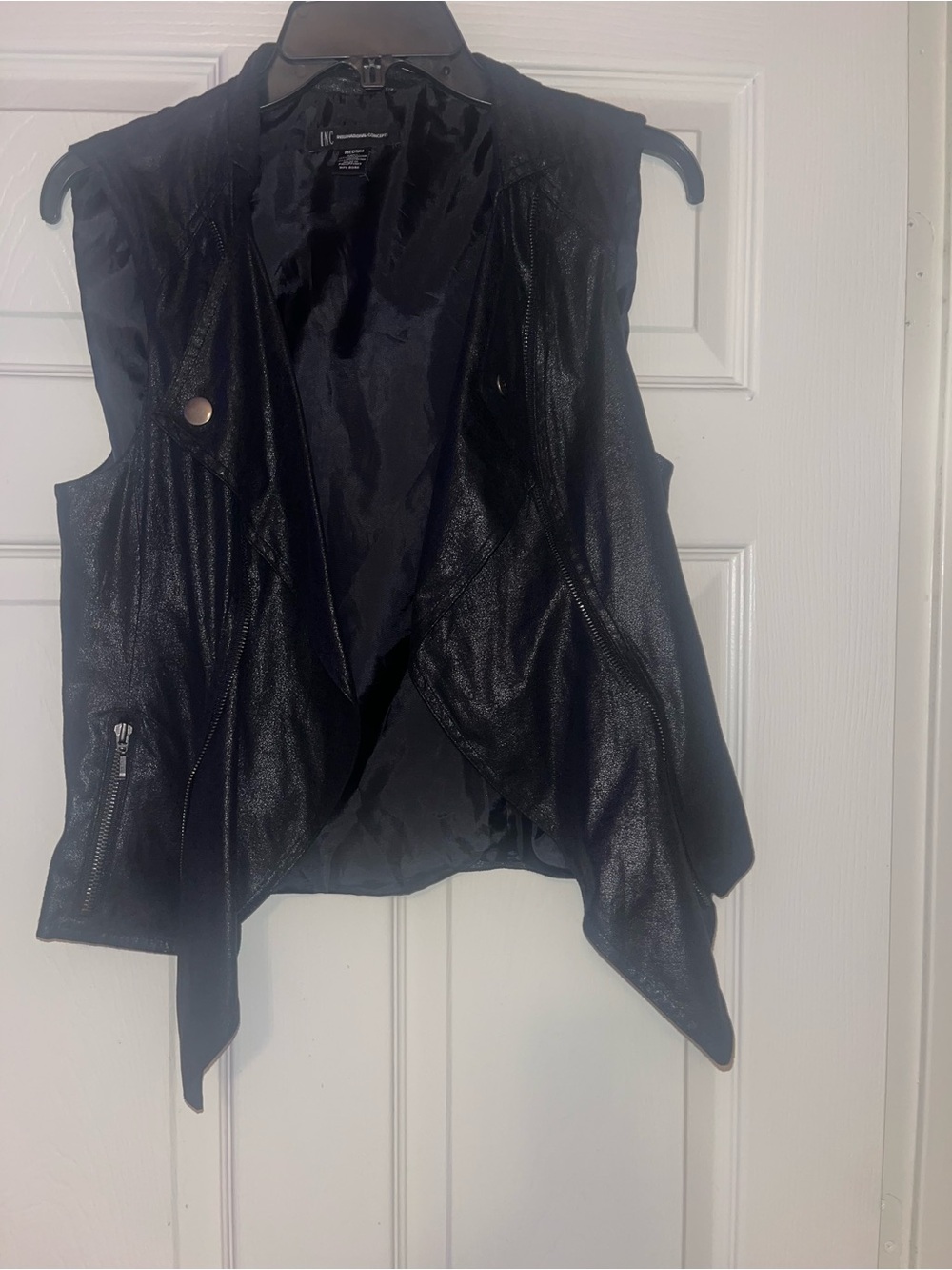 INC International Concepts Black Faux Leather Draped Sleeveless Vest